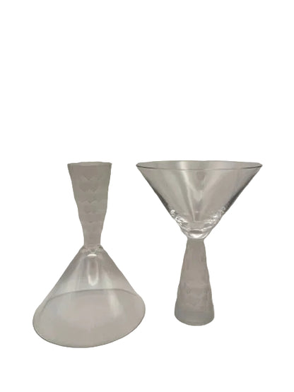 Two vintage martini glasses, one inverted to show the frosted hammered stem and clear conical bowl