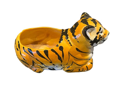 Vintage ceramic tiger planter, three-quarter rear view showing the glossy striped body and planter opening.