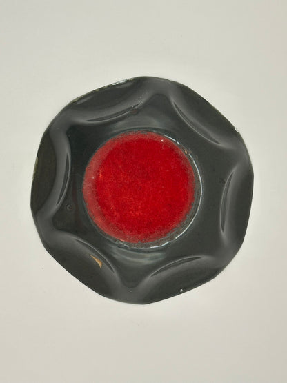Vintage MCM enamel dish, black underside with red enamel center and ruffled rim