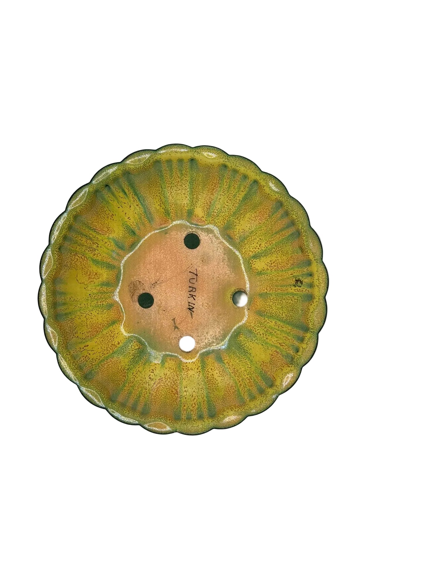 Vintage MCM green striped enamel dish, underside showing artist signature mark 'Turkin'