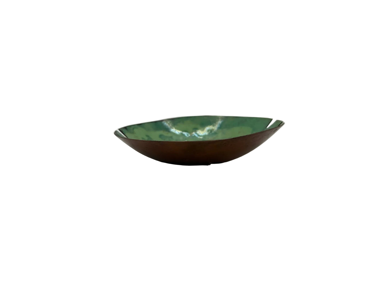Vintage MCM enamel-over-copper ashtray, side profile, green enamel interior with bare copper exterior