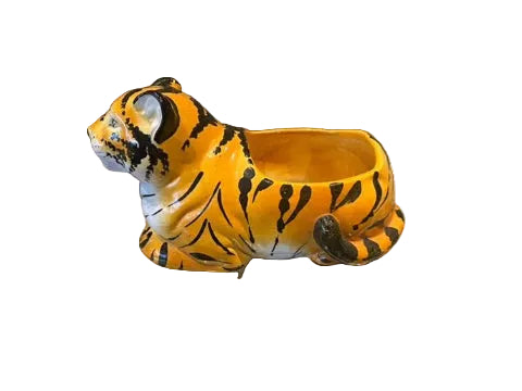 Vintage ceramic tiger planter, side profile showing the open bowl cavity in the tiger's back.
