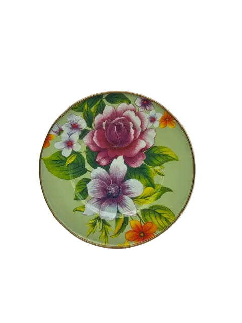 MacKenzie-Childs Flower Market salad plate, sage-green ground with rose-and-anemone bouquet, gold rim