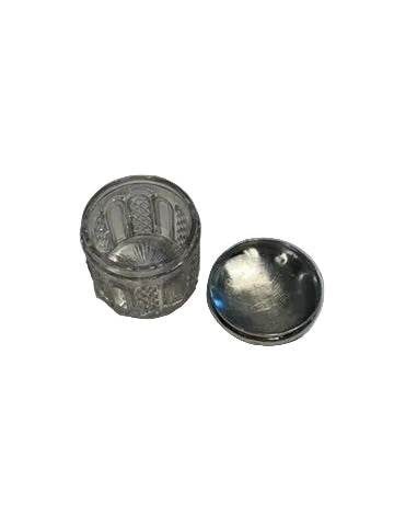 Vintage cut glass and sterling silver vanity jar, three-quarter view of open jar and domed silver lid.