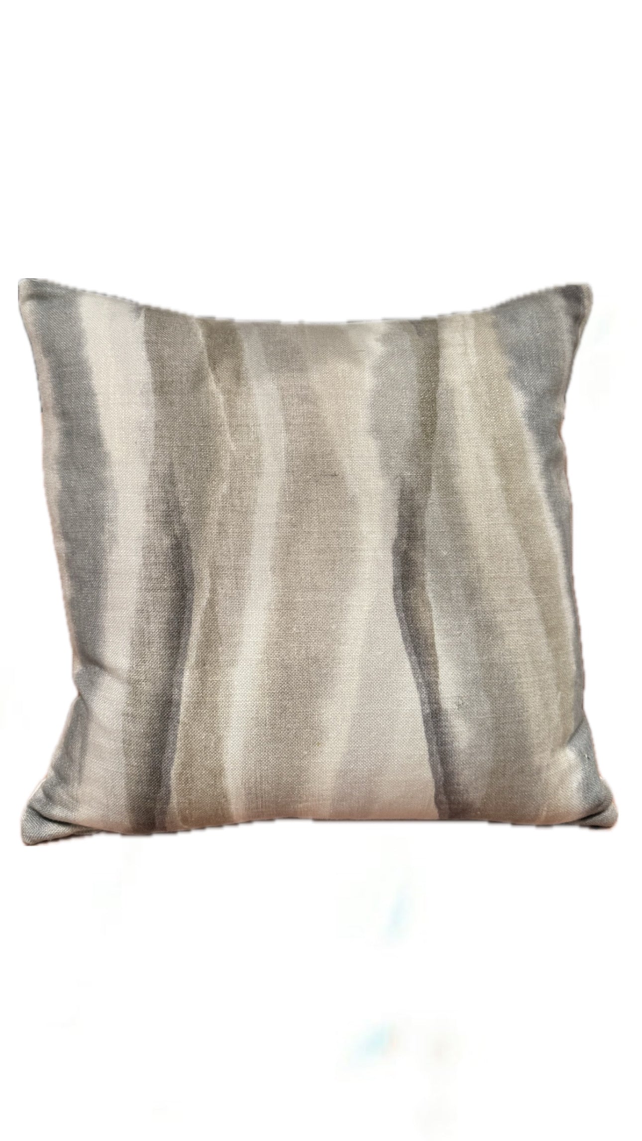 Square throw pillow with a soft taupe and cream watercolor stripe pattern