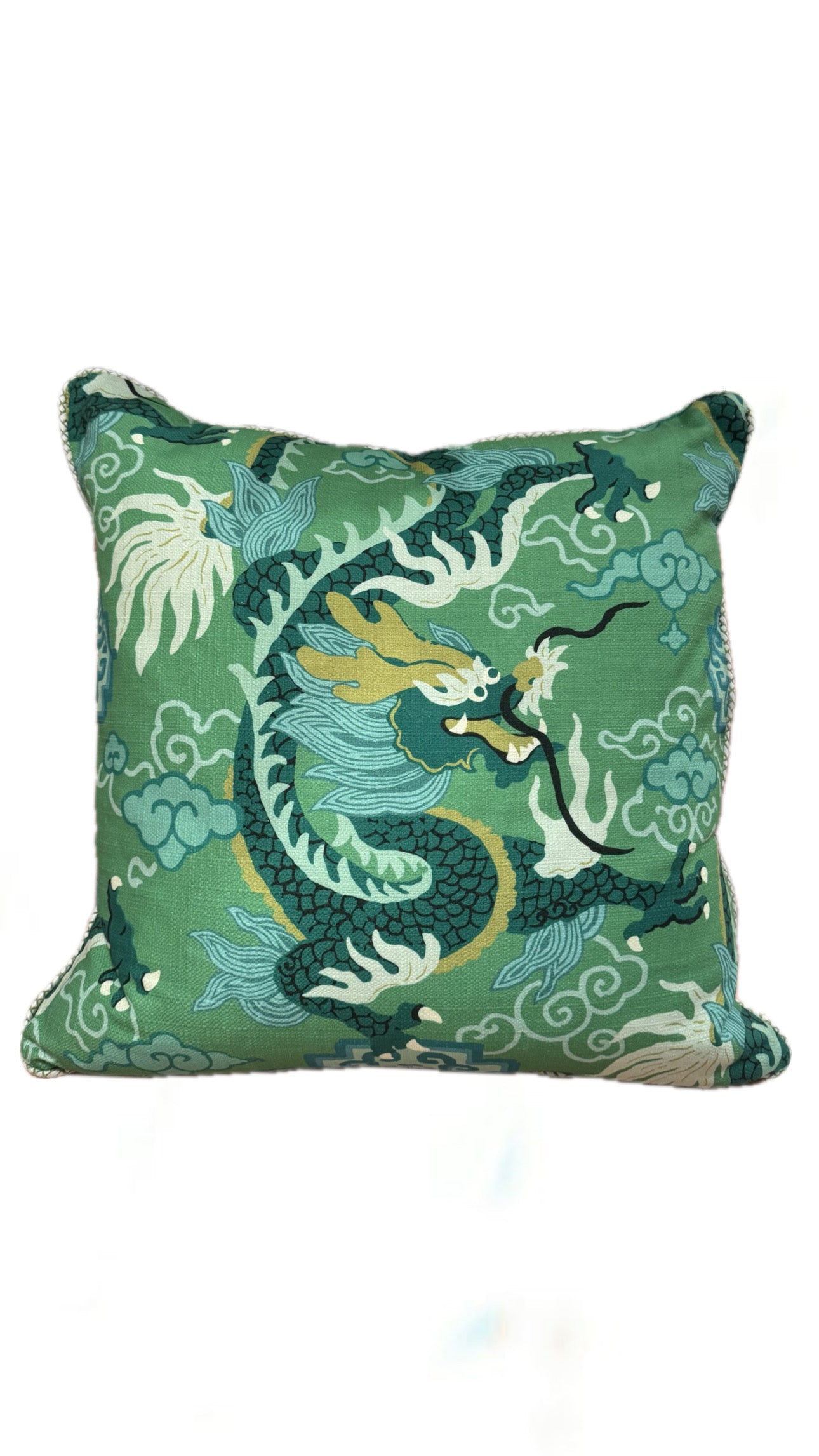 Green jade dragon and cloud lattice throw pillow, front view of the dragon print