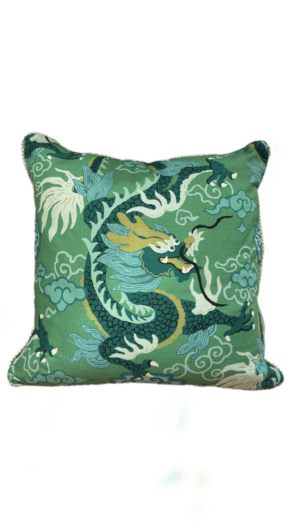 Green jade dragon and cloud lattice throw pillow, front view of the dragon print
