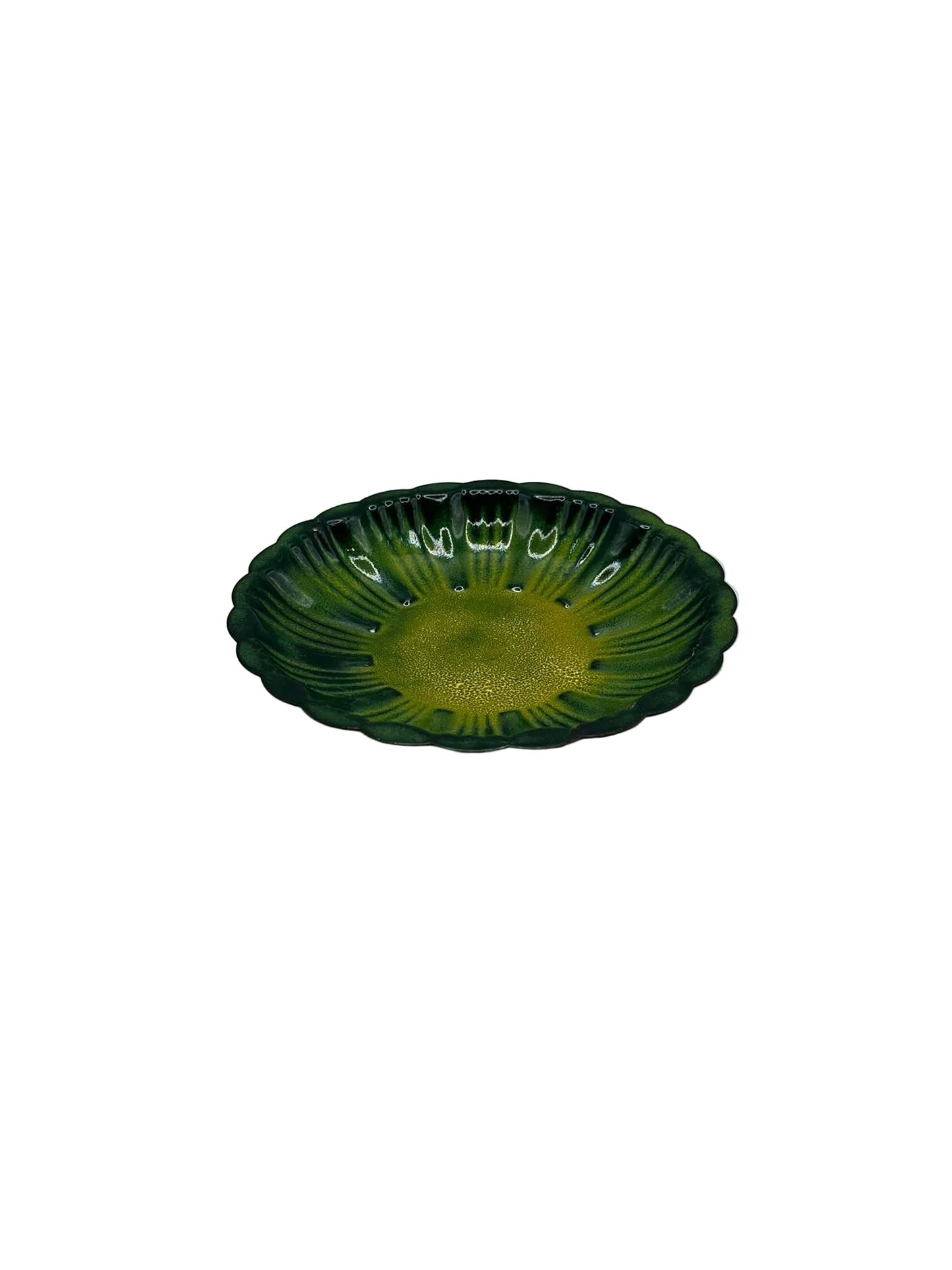 Vintage MCM green striped enamel dish, angled side view of scalloped fluted bowl