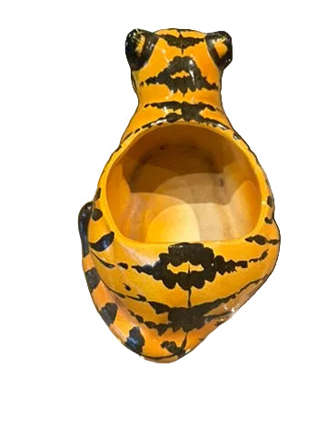Vintage ceramic tiger planter, top-down view into the open bowl cavity behind the tiger's head.