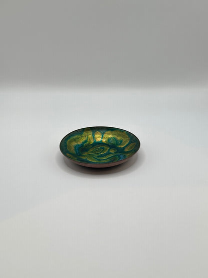 Doris Hall small green enamel dish, angled profile showing copper edge and abstract glaze