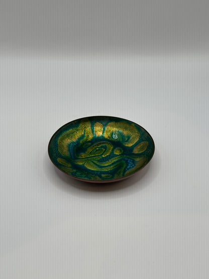 Doris Hall small enamel dish, three-quarter angled view of green, yellow and teal abstract glaze
