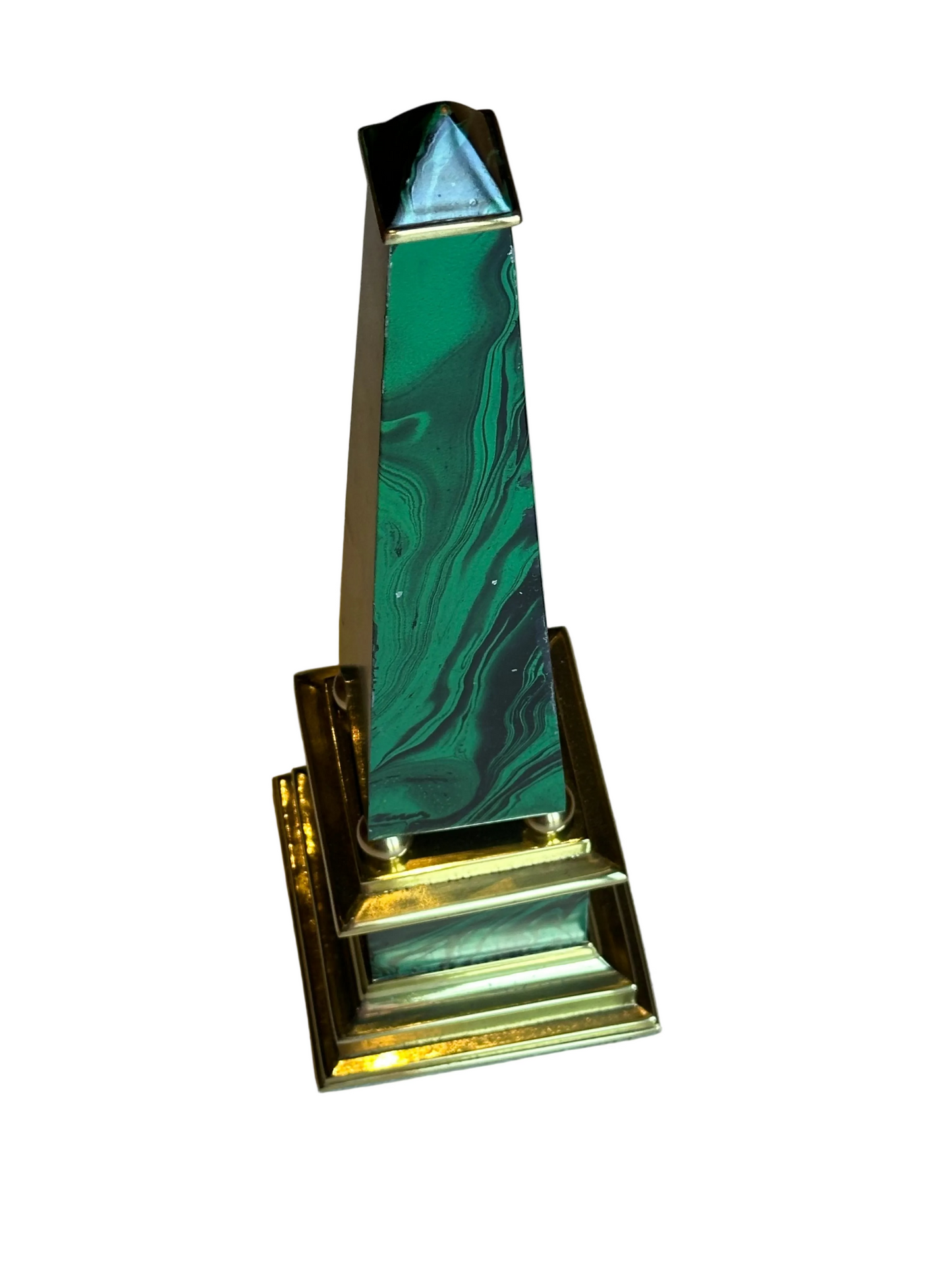 Tall Vintage Faux Malachite and Brass Obelisk