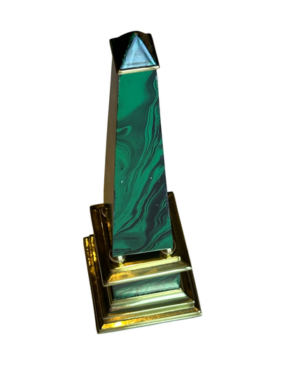 Tall Vintage Faux Malachite and Brass Obelisk