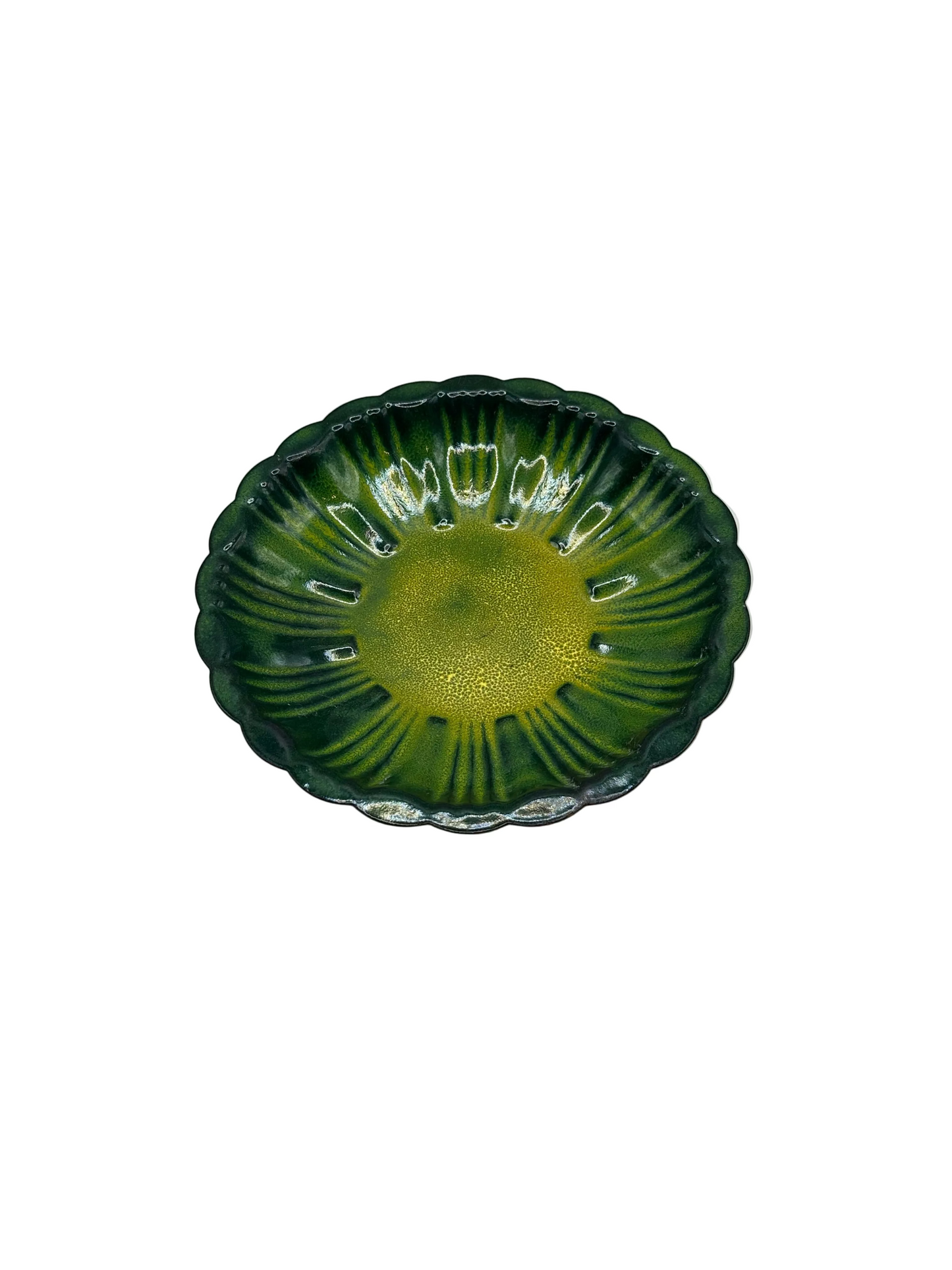 Vintage MCM green striped enamel dish, top view of scalloped bowl with yellow-green center