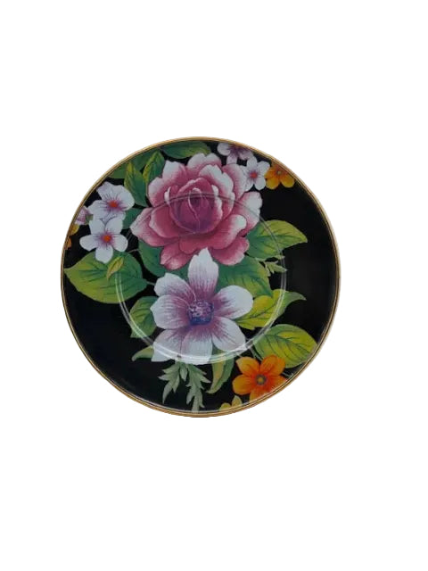 MacKenzie-Childs Flower Market salad plate, black ground with rose-and-anemone floral bouquet, gold rim