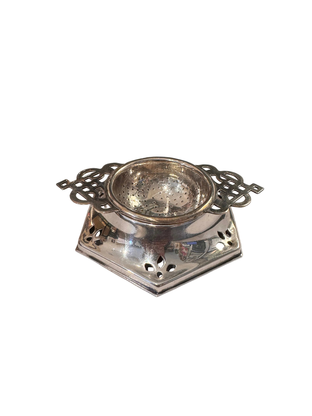 Vintage Silver Plate Tea Strainer w/ Pierced Stand