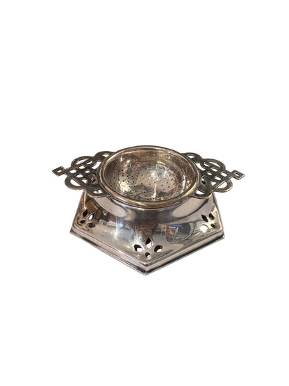 Vintage Silver Plate Tea Strainer w/ Pierced Stand