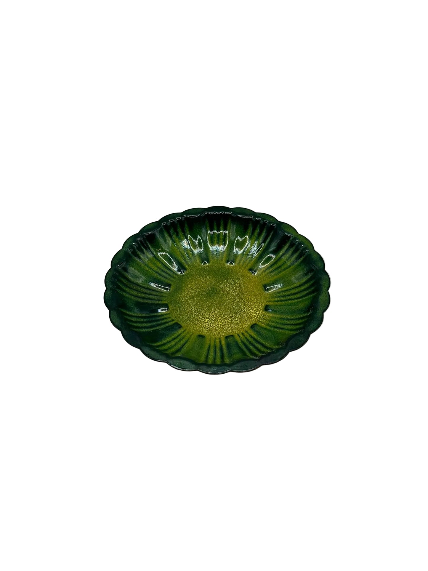 Vintage MCM green striped enamel dish, three-quarter view of fluted scalloped form