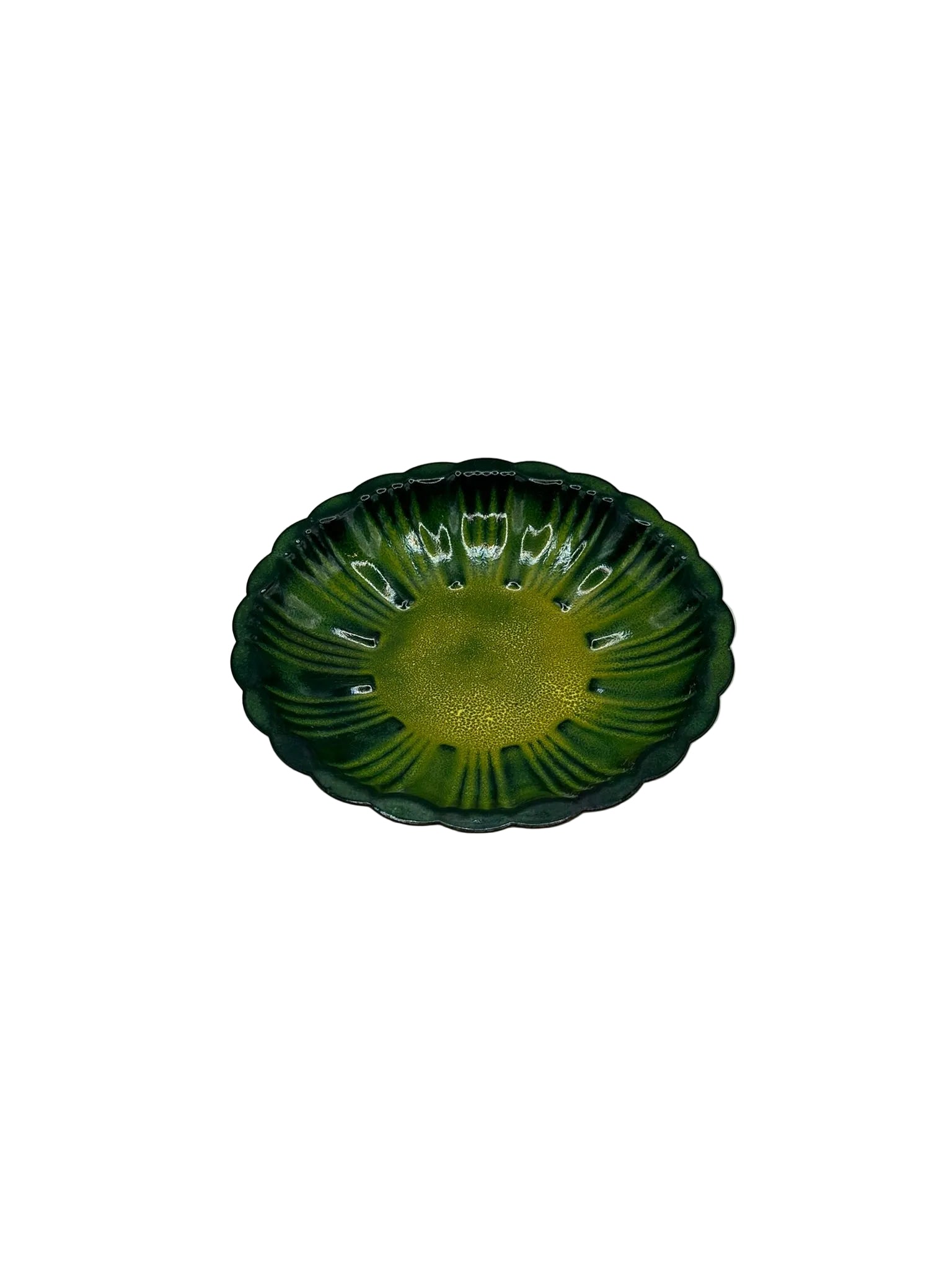Vintage MCM green striped enamel dish, three-quarter view of fluted scalloped form