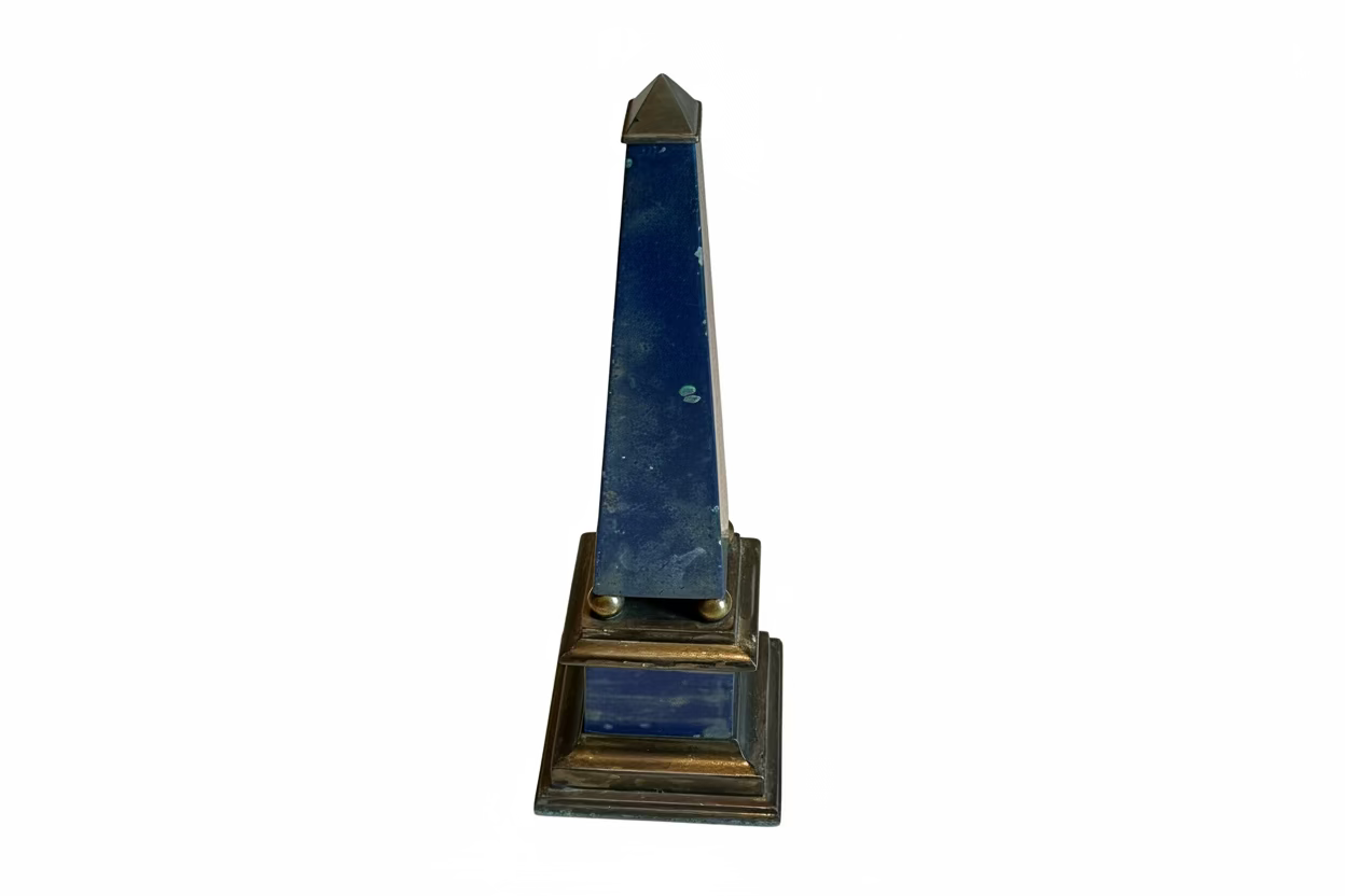 Tall vintage blue faux-painted and brass obelisk on stepped base, front view