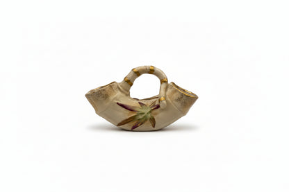 Vintage Betwood ceramic bamboo double-ended vase, ivory glaze with gilt accents and painted bamboo leaves