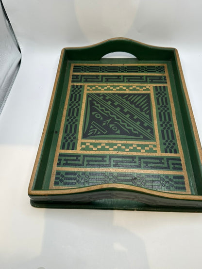 Green decoupage wood tray, angled view showing raised gallery sides and cutout handle