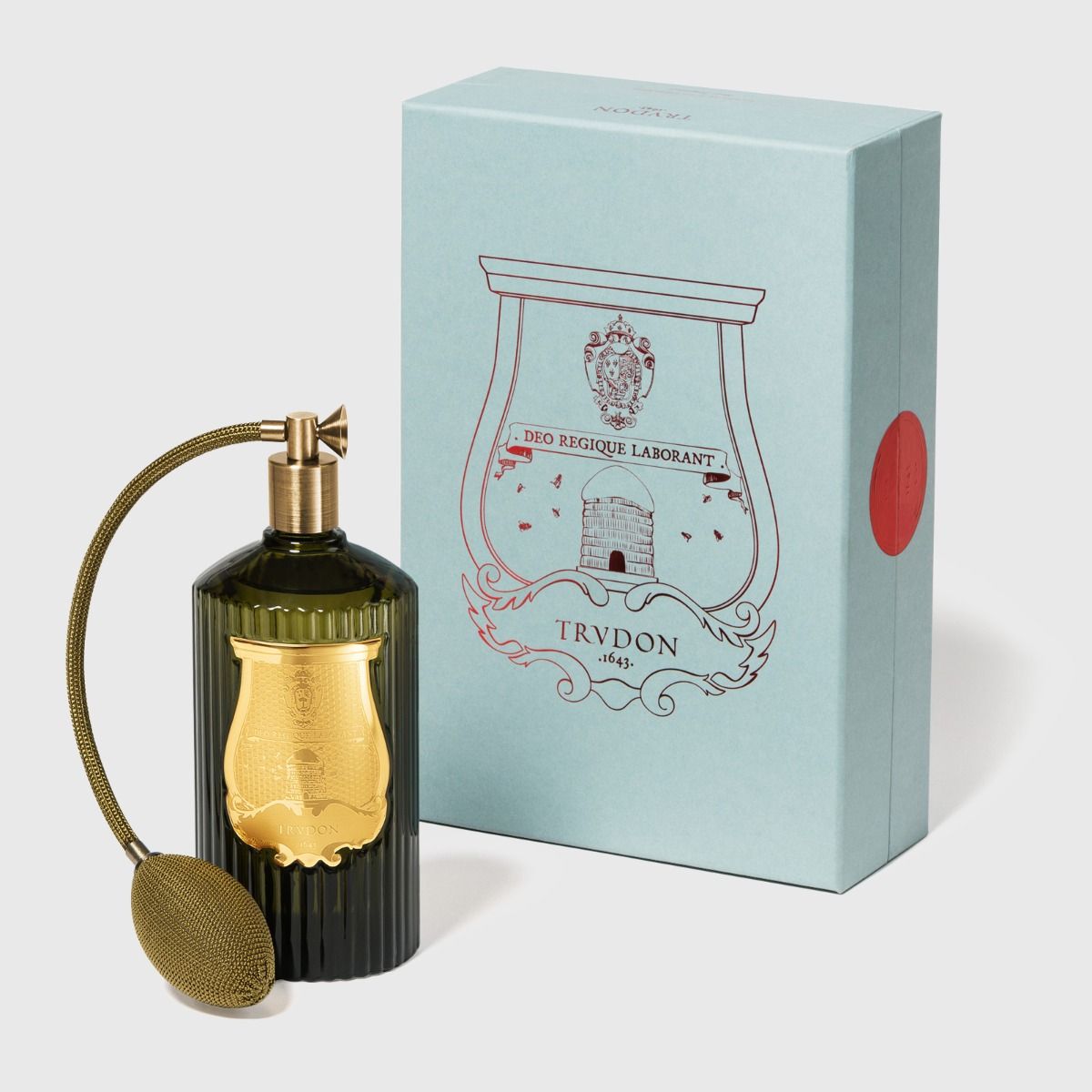 Trudon Abd El Kader room spray bottle beside its pale blue Trudon crest gift box.