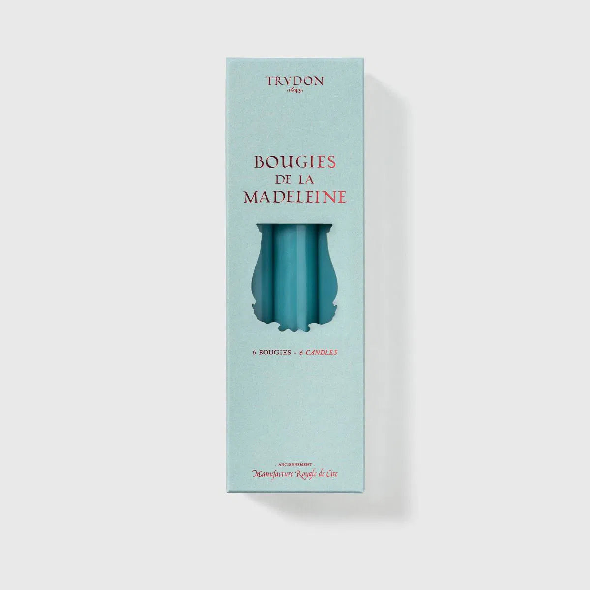 Trudon Madeleine gift box in pale aqua holding six turquoise taper candles