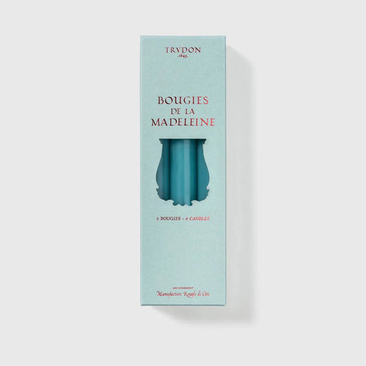 Trudon Madeleine gift box in pale aqua holding six turquoise taper candles