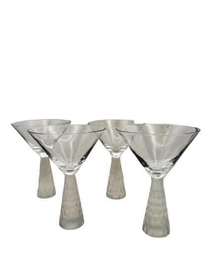Set of four vintage martini glasses with clear conical bowls and frosted hammered-honeycomb conical stems