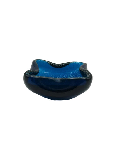 Blue Murano bullicante dish, front view with biomorphic pinched form and bubbles.