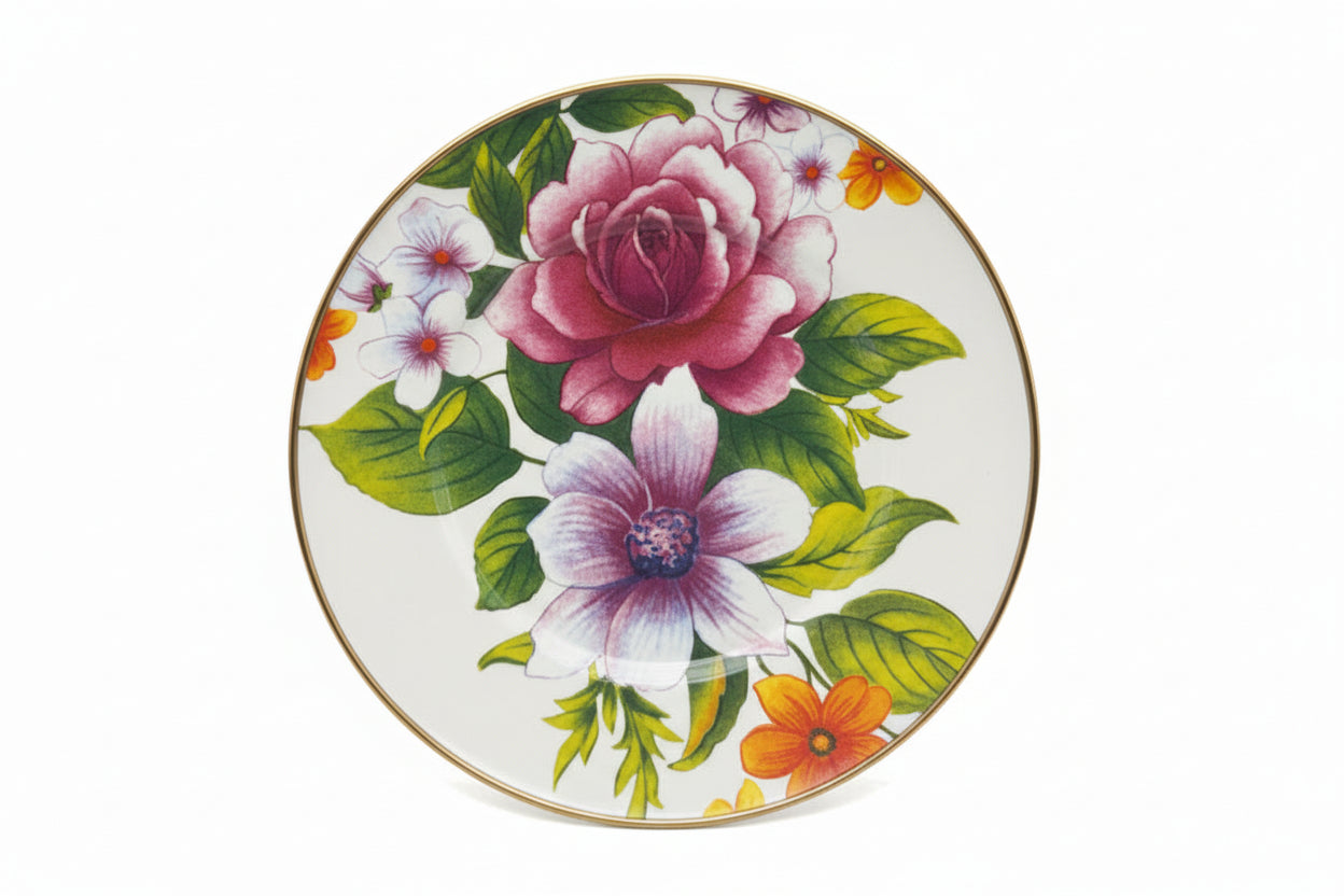 MacKenzie-Childs Flower Market salad plate, white ground with rose-and-anemone floral bouquet, gold rim