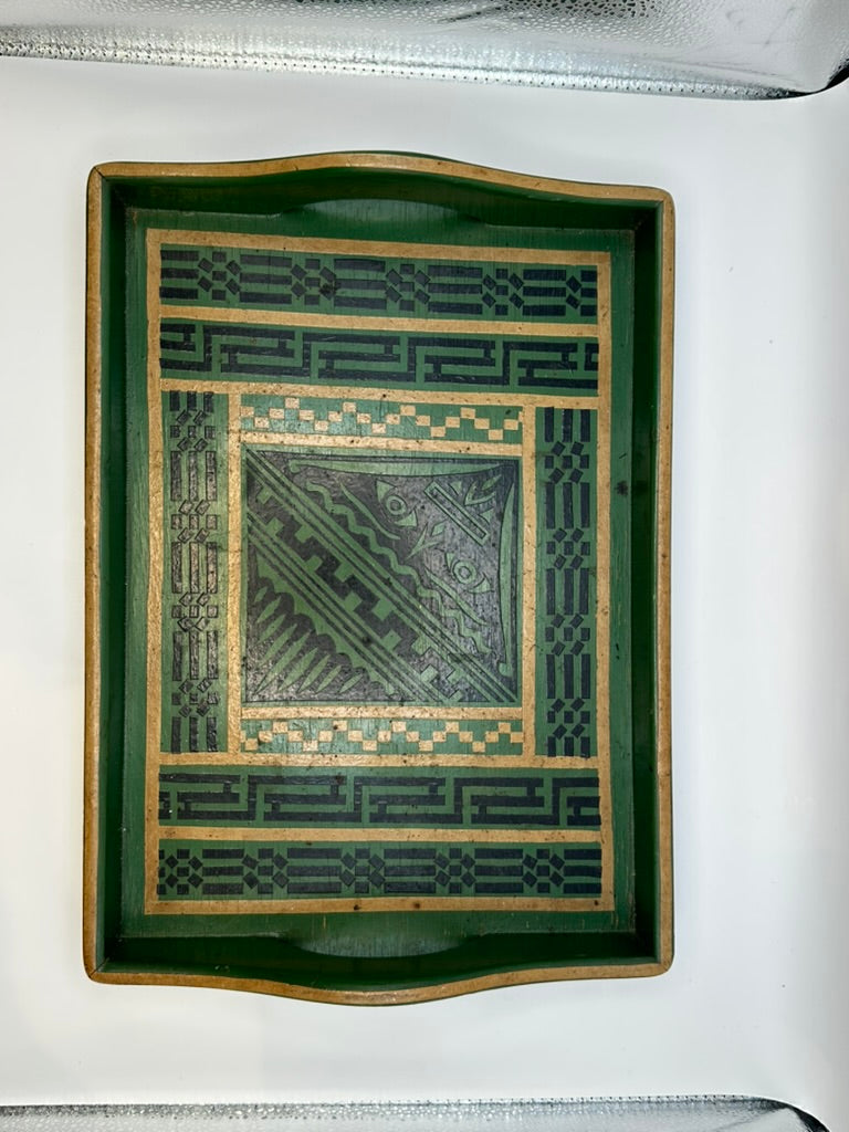 Green wood serving tray, top view of decoupage geometric pattern with gilt borders and central motif
