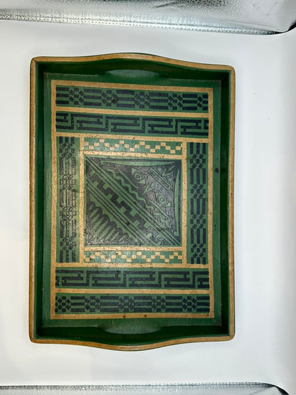 Green wood serving tray, top view of decoupage geometric pattern with gilt borders and central motif