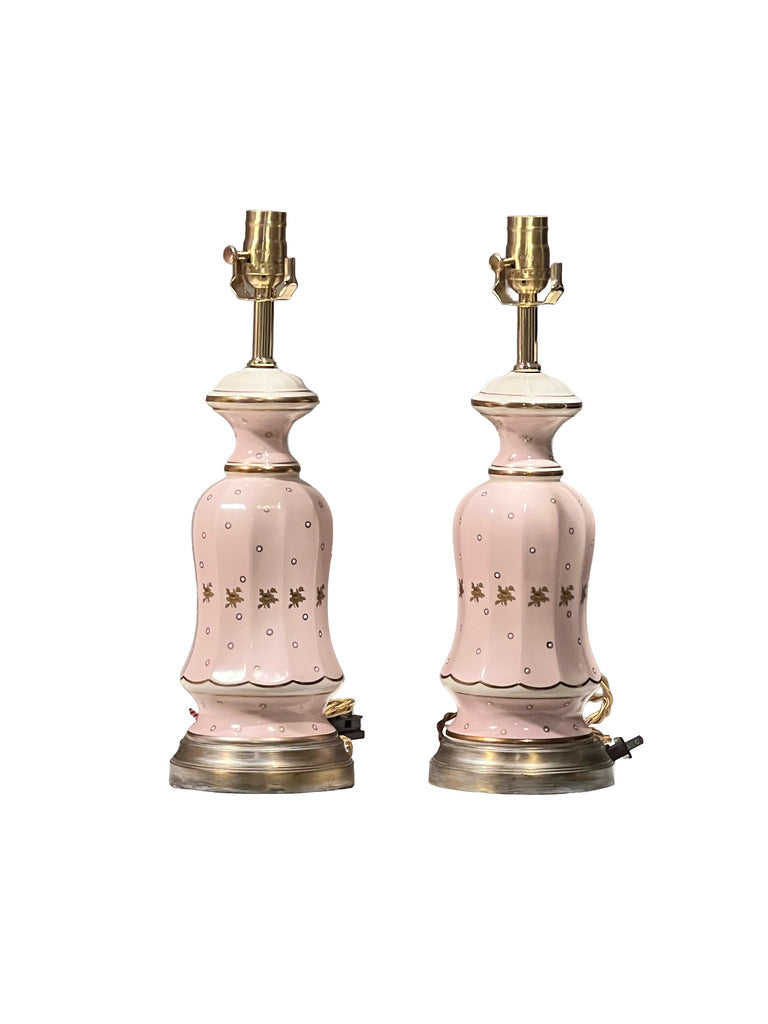 Pair of pink Regency-style ceramic table lamps with gilt floral decoration
