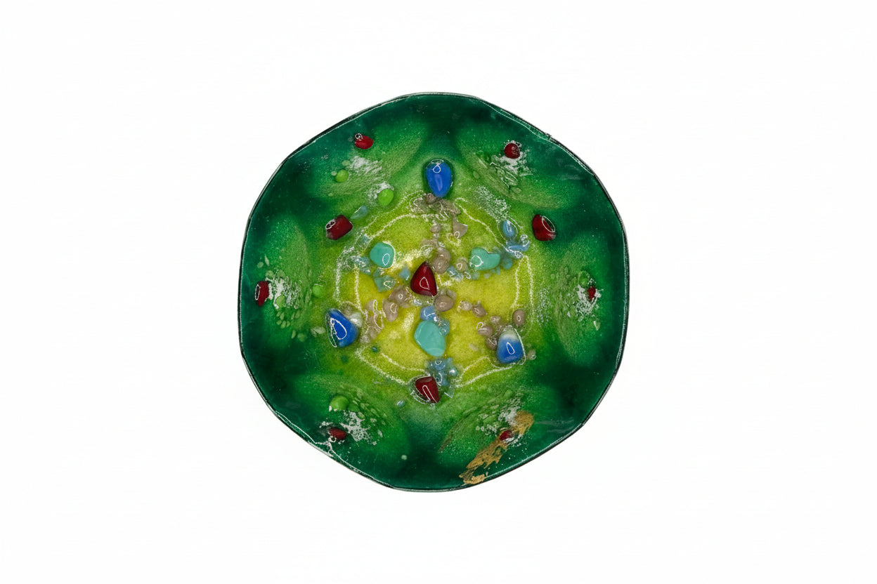 Vintage MCM green enamel-on-metal dish with embedded blue, red and turquoise fused glass stones, top view
