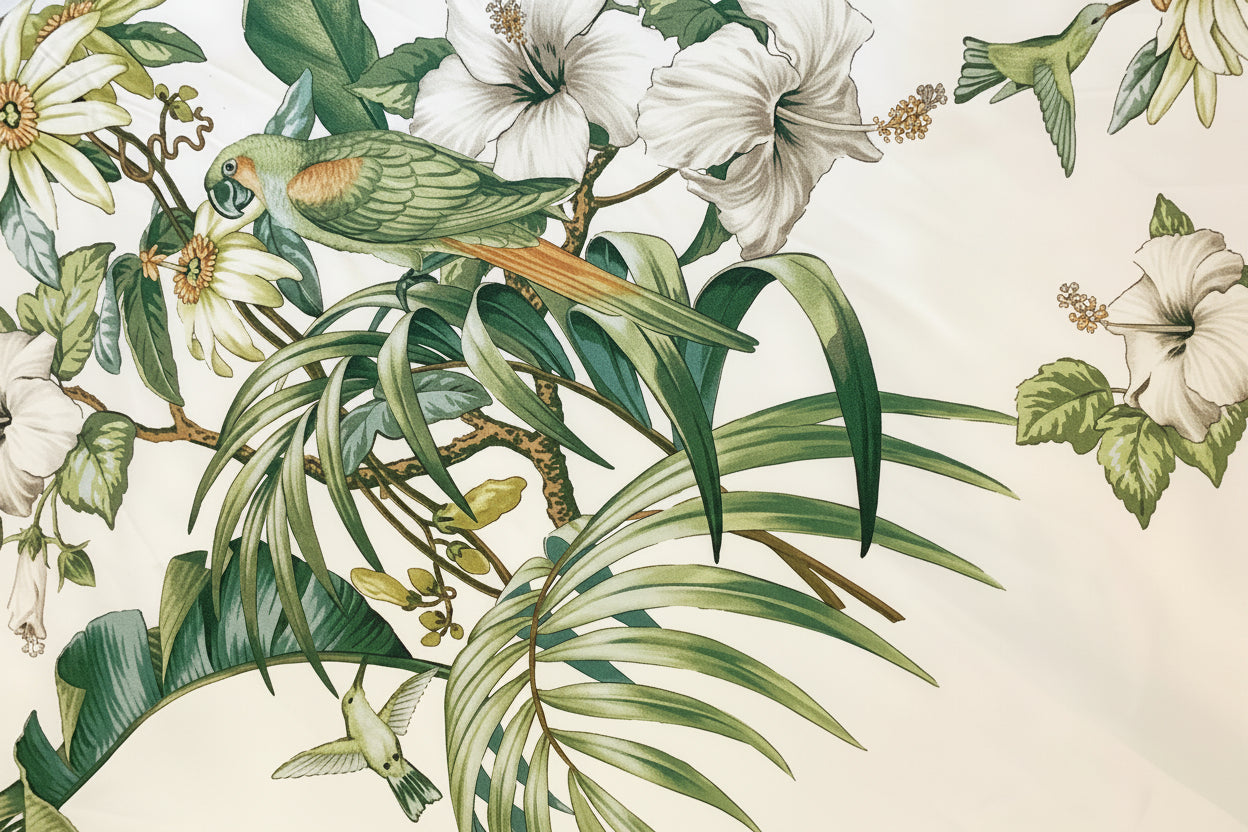 Brunschwig & Fils Anima tropical print: green parakeet, white hibiscus and hummingbirds on cream ground