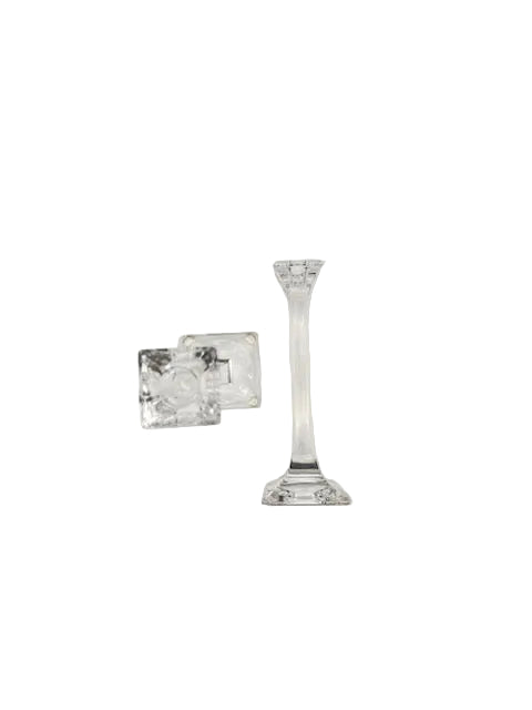 Tiffany & Co. crystal candlestick upright with a second on its side showing the candle cup and base