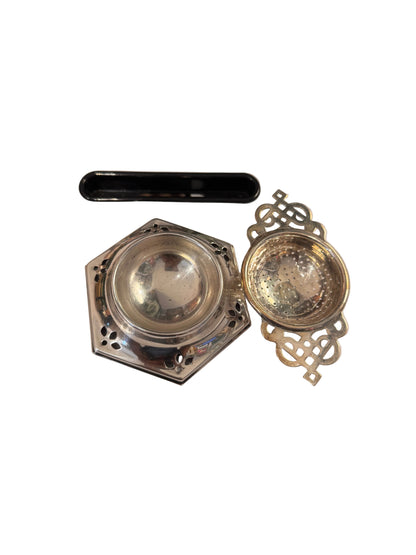 Vintage Silver Plate Tea Strainer w/ Pierced Stand