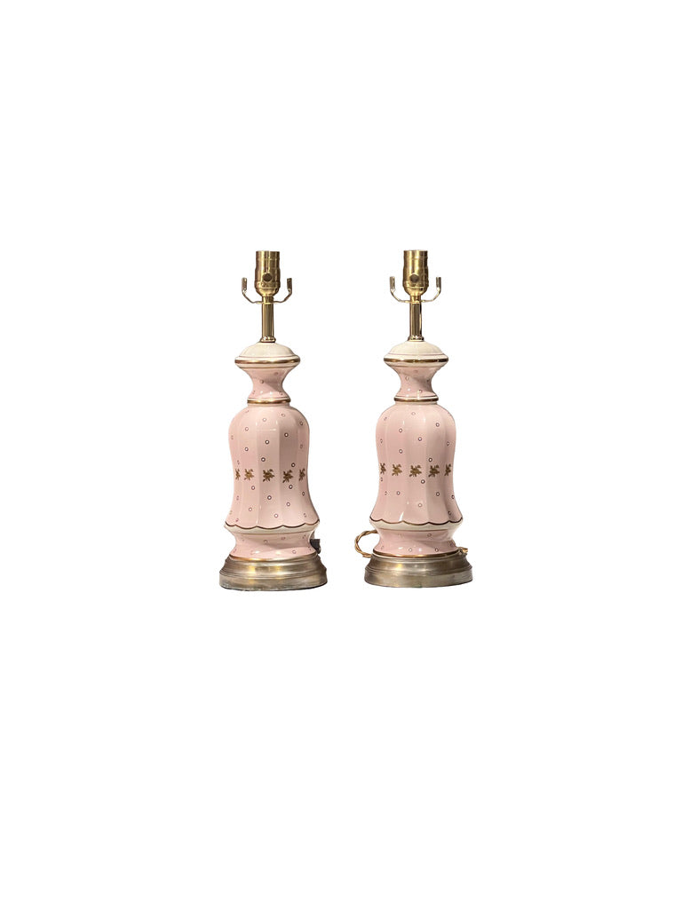 Pair of pink Regency table lamps, front view with gold floral bands and brass bases