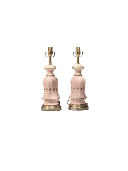 Pair of pink Regency table lamps, front view with gold floral bands and brass bases