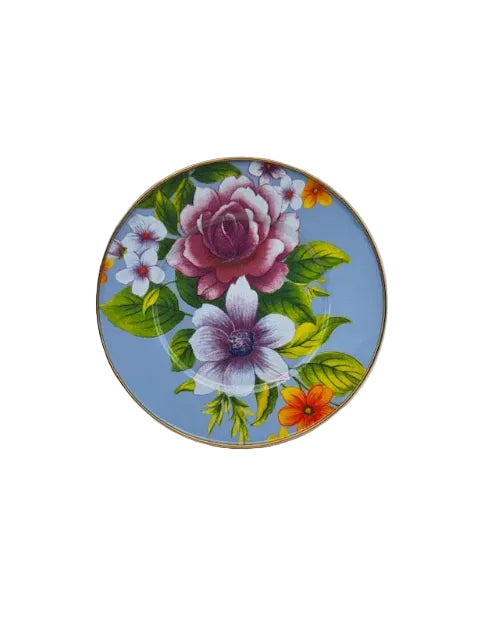 MacKenzie-Childs Flower Market salad plate, periwinkle-blue ground with rose-and-anemone bouquet, gold rim