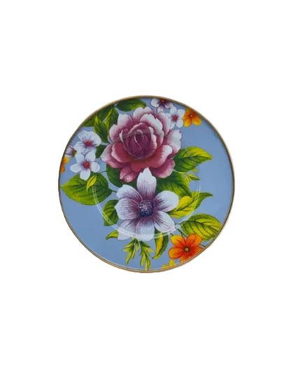 MacKenzie-Childs Flower Market salad plate, periwinkle-blue ground with rose-and-anemone bouquet, gold rim