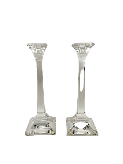 Pair of Tiffany & Co. clear crystal candlesticks with tapered square columns on stepped square bases
