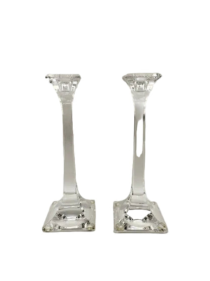 Pair of Tiffany & Co. clear crystal candlesticks with tapered square columns on stepped square bases