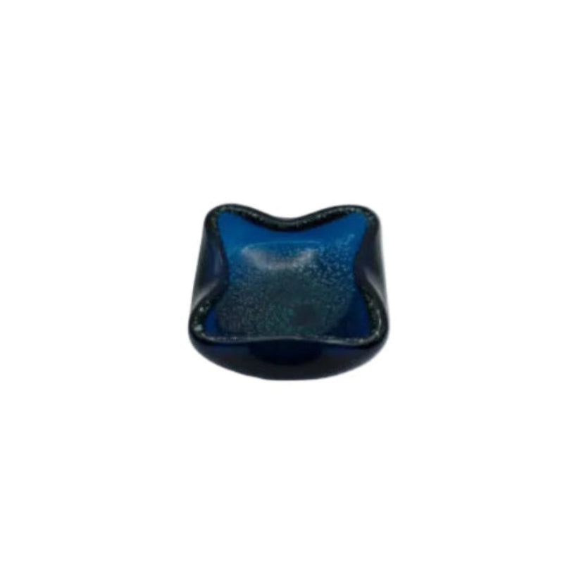 Blue Murano bullicante glass dish, slightly raised view of the bubbled bowl.
