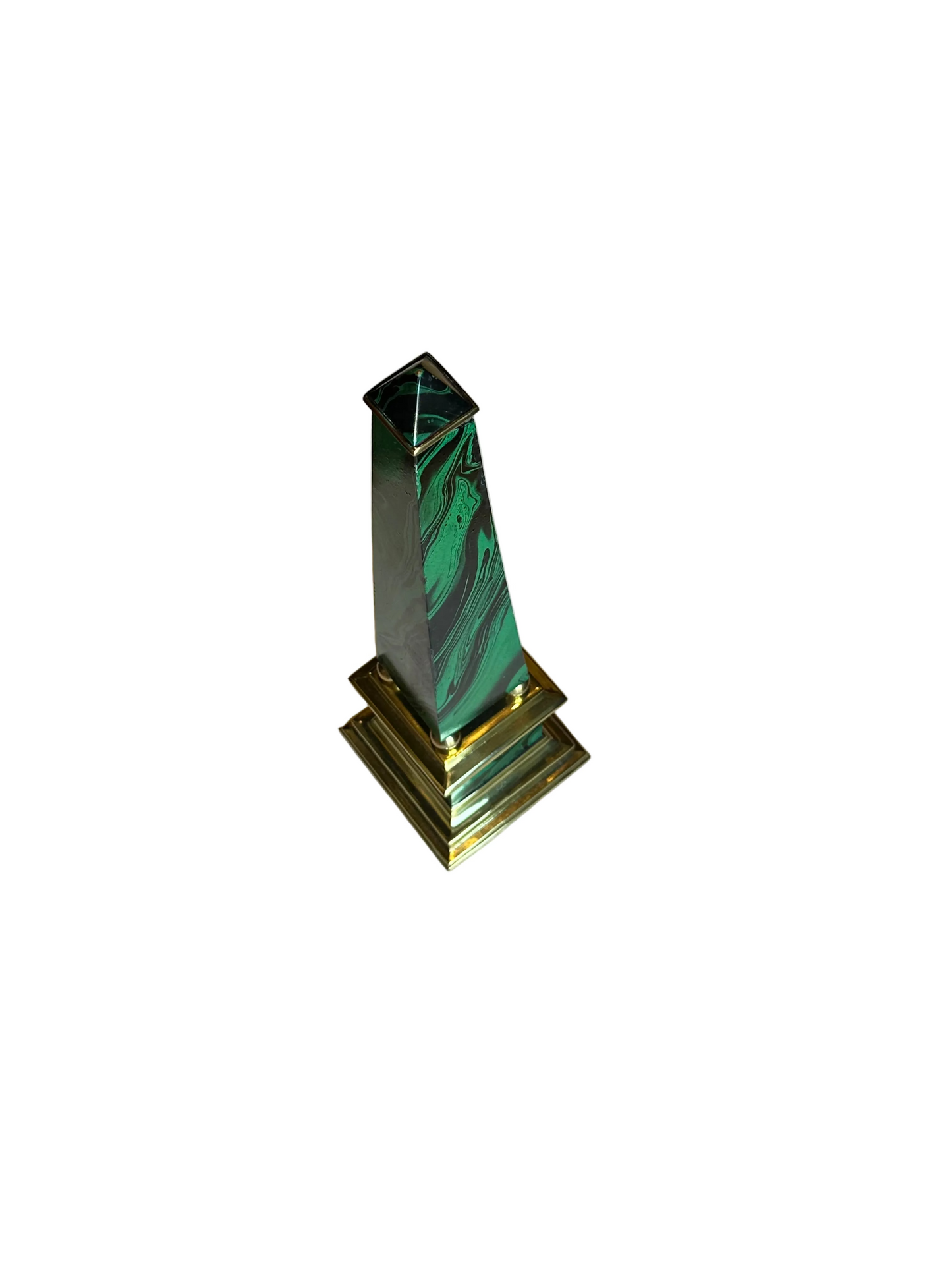 Tall Vintage Faux Malachite and Brass Obelisk