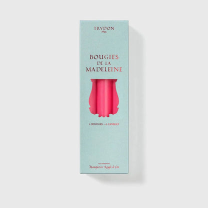 Trudon Madeleine gift box in pale aqua holding six fuchsia pink taper candles
