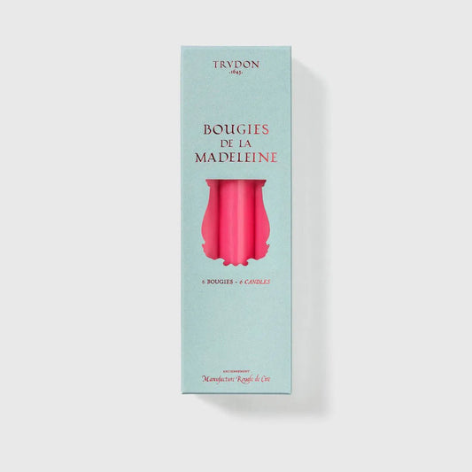 Trudon Madeleine gift box in pale aqua holding six fuchsia pink taper candles