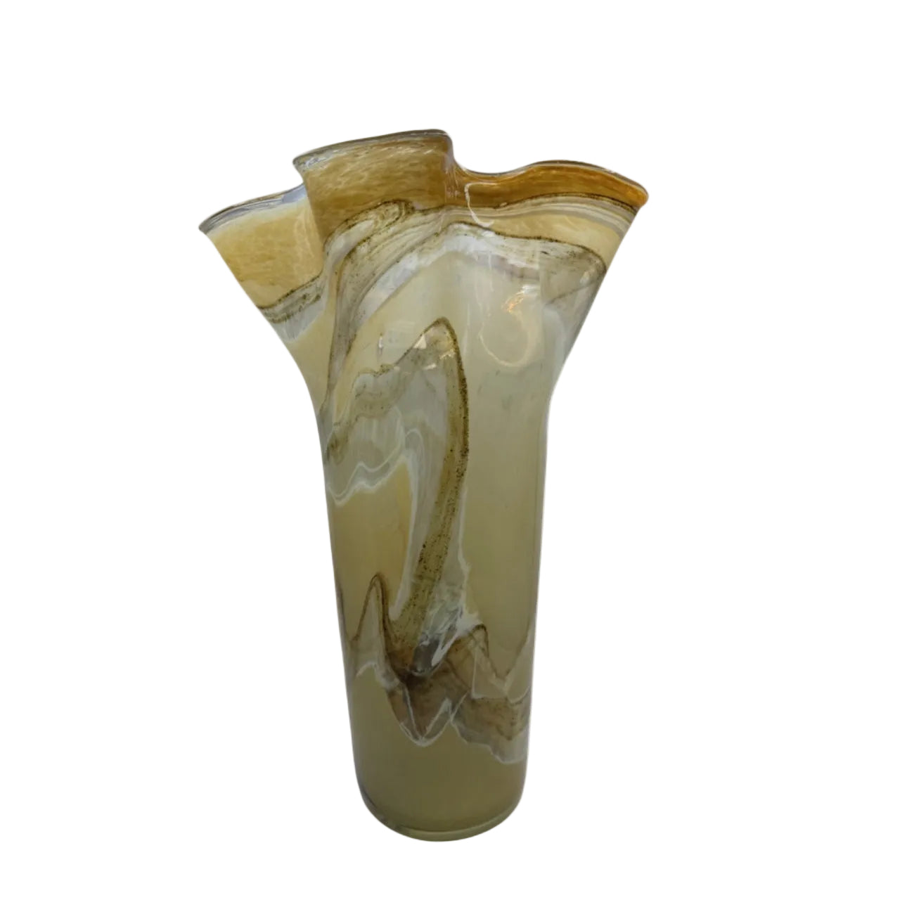 Tall hand-blown fazzoletto Murano-style ruffled vase in swirled gold and white art glass
